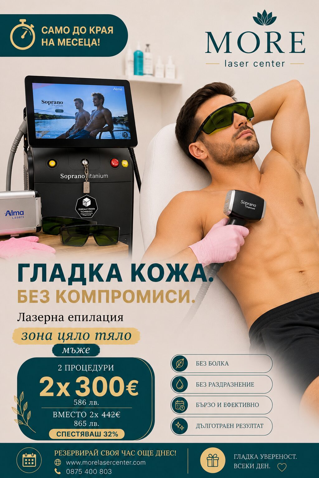 Лазерна епилация цяло тяло мъже — 2 процедури по 300€ вместо 442€, спестяваш 32%
