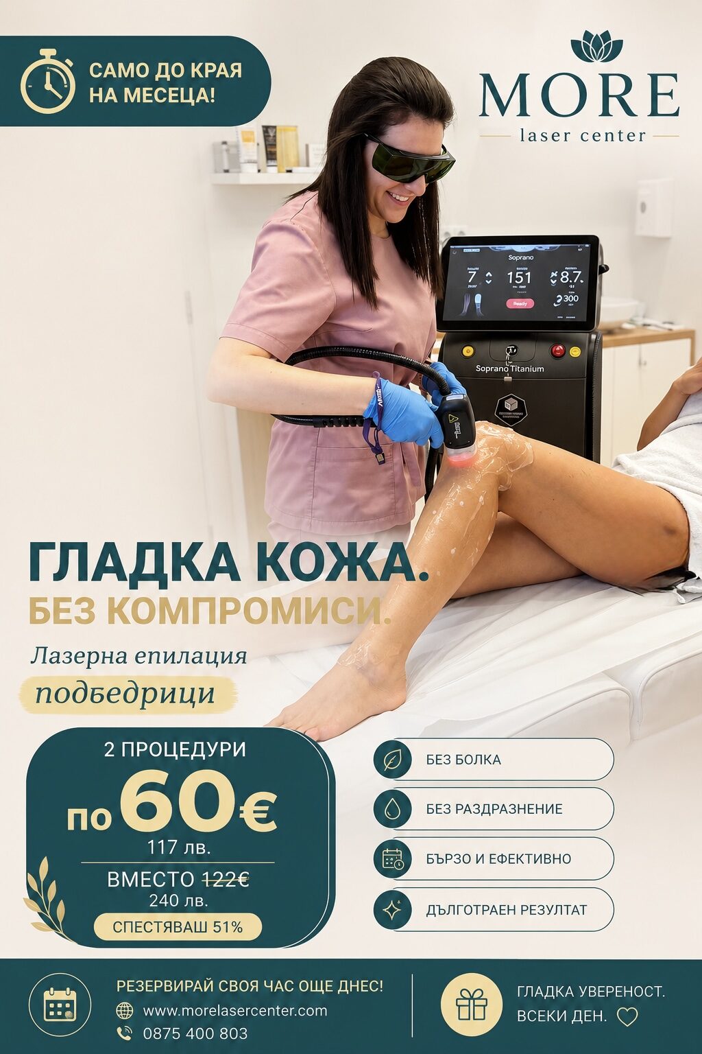 Лазерна епилация подбедрици жени — 2 процедури по 60€ вместо 122€, спестяваш 51%